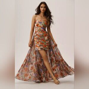 Anthropologie Geisha Designs Strapless Detatchable Train Mini Dress Floral